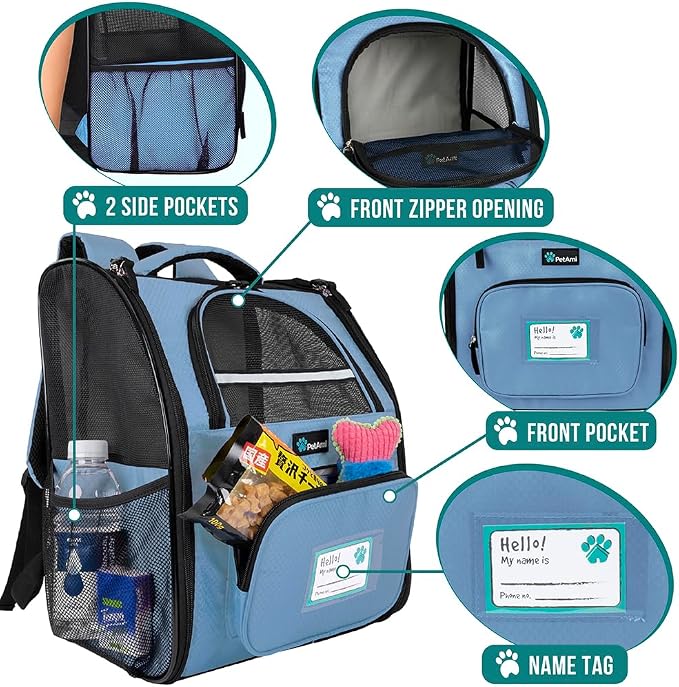 PetAmi Dog Backpack Carrier Airline Approved Cat Pet Puppy Bag, Light Blue | Ideal for Small Medium Large Pet up to 18 lb, 2 Side Entry Structured No-Collapse Frame, Ventilated Bookbag for Hiking Travel