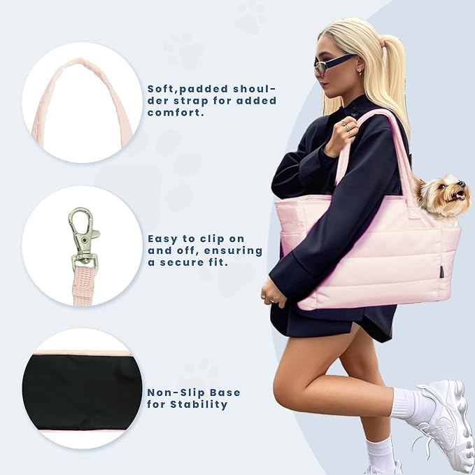 Lightweight Puffy Dog Purse Carrier for Small Dogs, Pink | Quilted Pet Carrier Tote with Safety Leash Clip, Storage Pockets and Removable Base, for Pets Up to 15 lbs, Pink