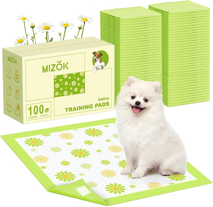 MIZOK Puppy Pads with Adhesive Tabs Green Daisy Prints Small 22x22in 100Ct | Cute Printed Wee Wee Pads for Dogs Feature Fun Designs and Sticky Bottom Strips to Keep Indoor Training Mess Free