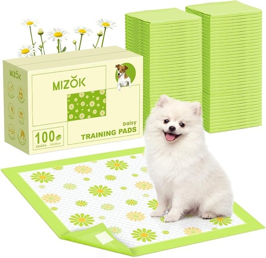 MIZOK Puppy Pads with Adhesive Tabs Green Daisy Prints Small 22x22in 100Ct | Cute Printed Wee Wee Pads for Dogs Feature Fun Designs and Sticky Bottom Strips to Keep Indoor Training Mess Free