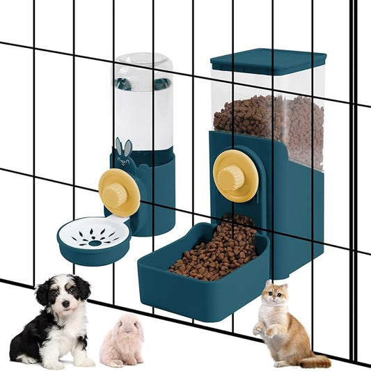 Hanging Automatic Pet Food and Water Dispenser, Auto Gravity Rabbit Ferret Bunny Hedgehog Feeder Water Dispenser Sets, Cat Dog Food and Water Dispenser Food Bowl for Cage Hanging (Dark Blue)