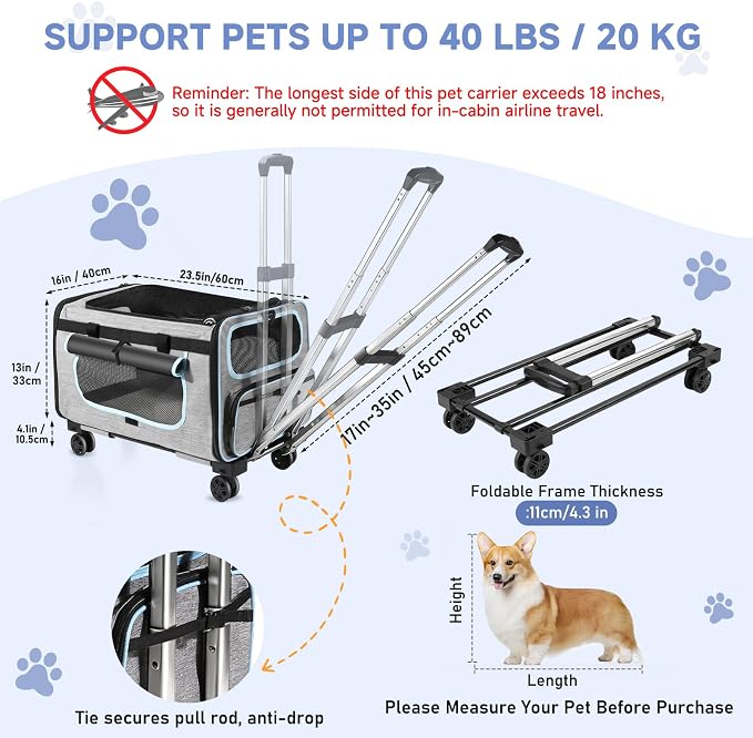 Large Pet Carrier with Detachable Wheels, 2 IN1 Foldable Soft-Sided Carriers- Designed for Dogs & Cats, Telescopic Handle, for Outdoor Car Indoor, Max. 44 LBS(Not for Airline)