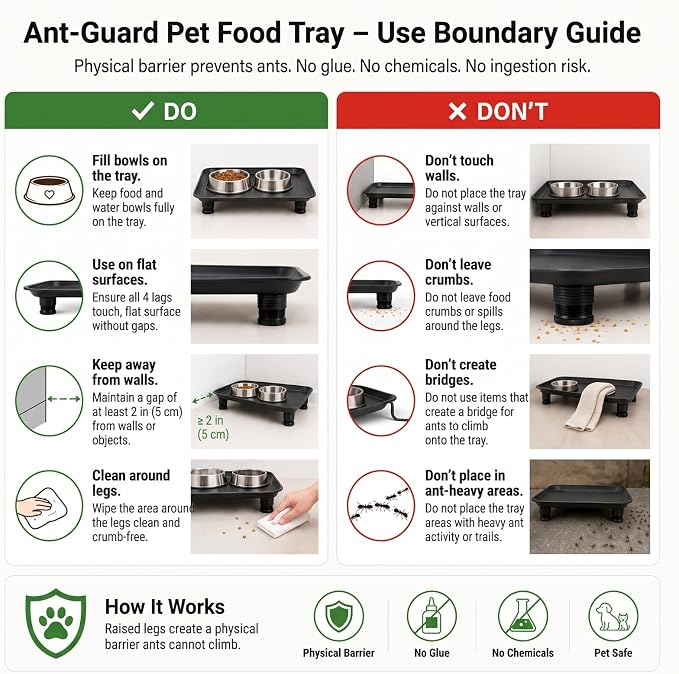 Marsui Ant Proof Pet Food Tray, Waterless Raised Cat Dog Bowl Stand with Adjustable Legs, No-Fill Physical Barrier for Indoor Feeding Station, Kitchen Sweets and Trash Area(23mm-37mm,Black)