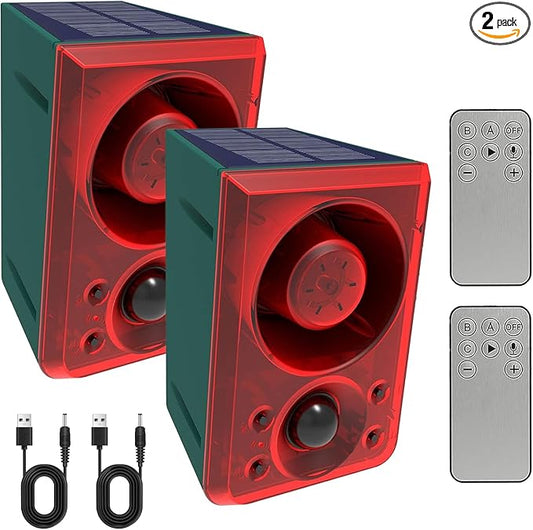 ChunHee Solar Outdoor Motion Sensor Alarm with Dog Barking Gunshot Sound, Support Recording and Adjustable Volume, 130db Loud Noise Maker 3 Work Modes Strobe Light for Home, Villa, Farm, Barn (2pack)