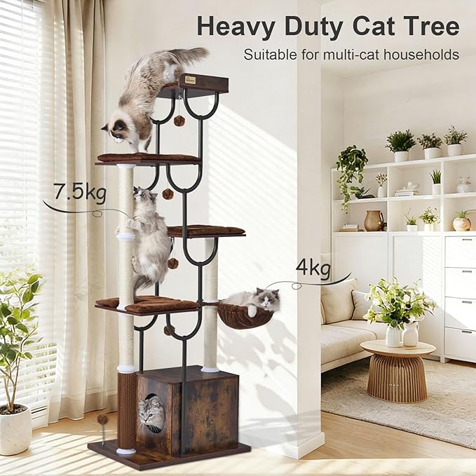 FourFurPets Cat Tree for Large Cats, Modern Cat Tree Tower with Scratching Post, 74" Wooden Cat Tower for Multiple Adult Cats, Cat Condo for Adult Cats, 4 Large Perch, 1 Cat Caves, Rustic Brown