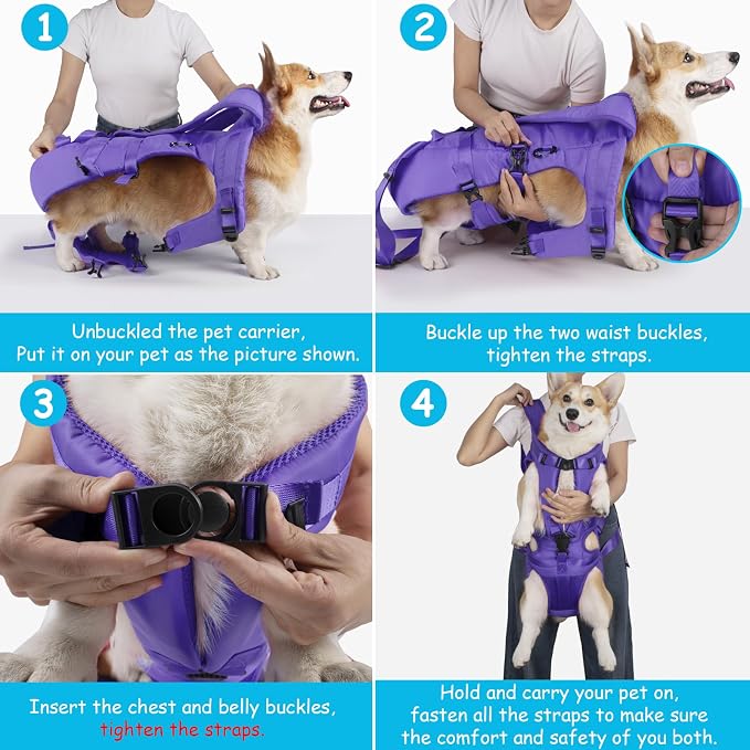 PetBonus Dog Front Carrier Backpacks, Legs Out Easy-fit Puppy Chest Carrier | Hands Free, Adjustable, Safety Strap, Walking Hiking Cycling Motorcycle bag, For Small Medium Dogs (Purple, L)