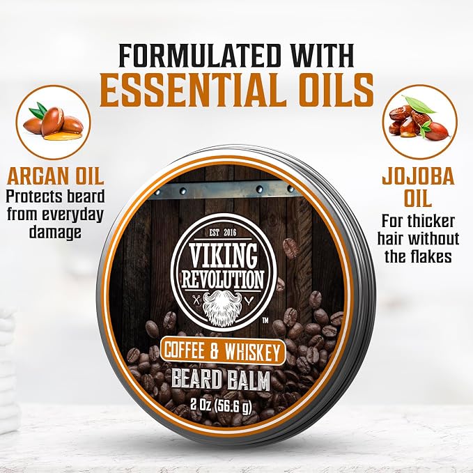 Viking Revolution Ultimate Beard Kit - Coffee Whiskey, 5 Pcs with Metal Box | Richly Scented Coffee Whiskey Products - Includes Beard Brush, Beard Comb, Beard Balm, Beard Oil and Moustache Scissors