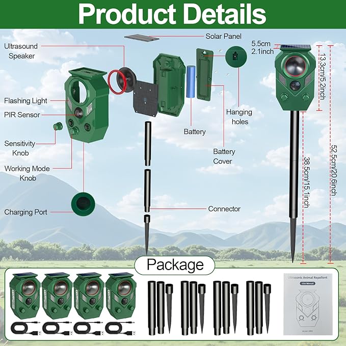 Solar Ultrasonic Animal Repellent,Cat Dog Repellent Outdoor,Solar Animal Repeller with Motion Sensor,Waterproof Rabbit Repeller with Flahing Light for Yard Skunks,Raccoon Birds Squirrels Deer-4 Pack