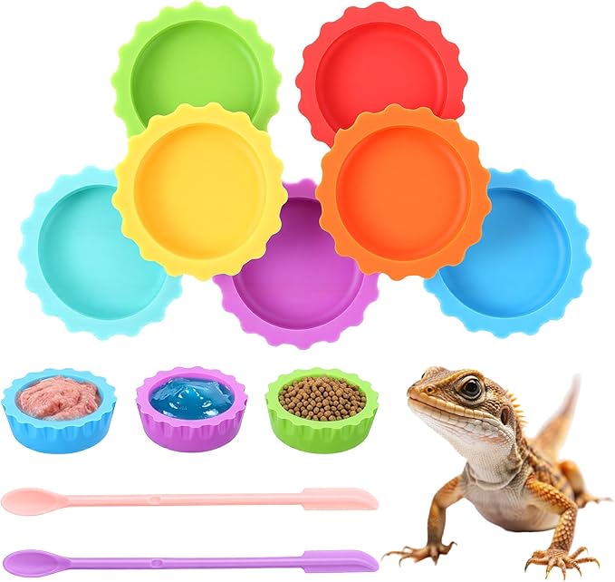 9 PCS Crested Gecko Food and Water Bowl Reusable Small Reptile Feeding Dish Gecko Tank Accessories for Hermit Crab Tarantula Isopods Lizard Easy Clean Silicone 7 Colors Includes Spoon