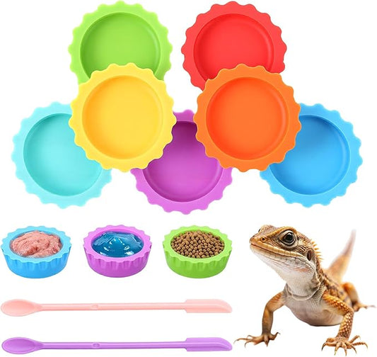 9 PCS Crested Gecko Food and Water Bowl Reusable Small Reptile Feeding Dish Gecko Tank Accessories for Hermit Crab Tarantula Isopods Lizard Easy Clean Silicone 7 Colors Includes Spoon