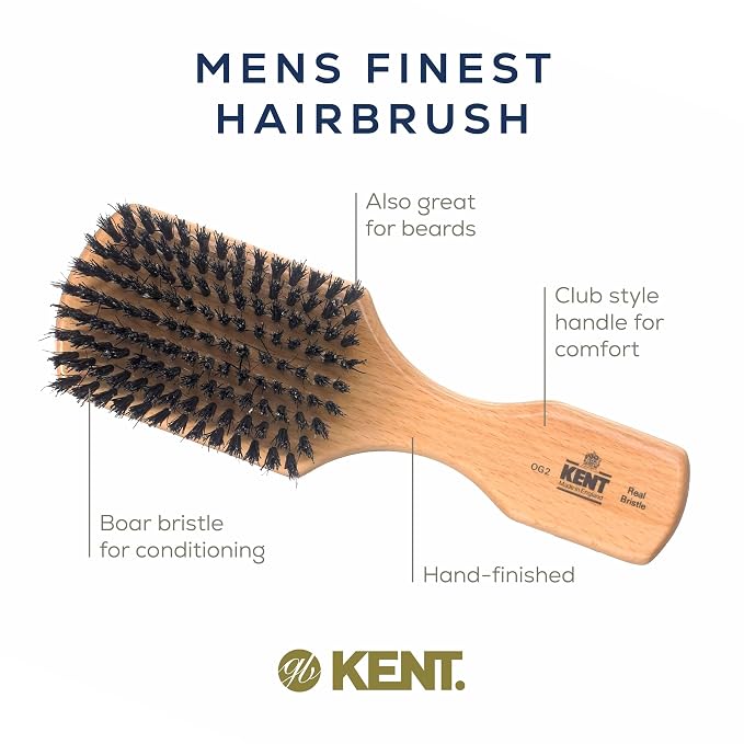 Kent OG2 Beechwood Club HairBrush, 100% Natural Boar Bristle for Mens Grooming, All Hair Types and Beard Lengths, Travel Size with Hair Brush Cleaner, Slick Back Hair brush