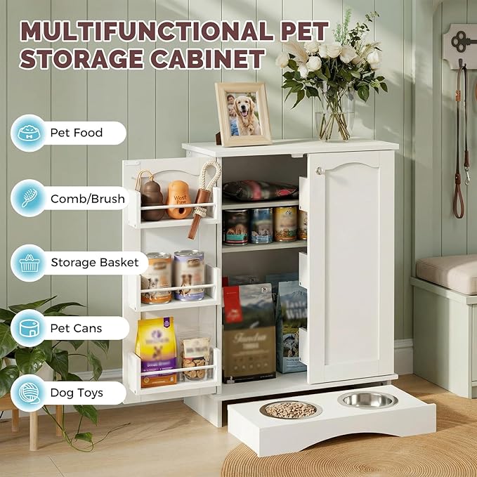 32" H Dog Feeding Station with Storage with Adjustable Shelves | Pet Food Storage Cabinet with 2 Elevated Bowls,Hooks & Letter Stickers,Hidden Dog Feeding Organizer for Cats and Dogs,White