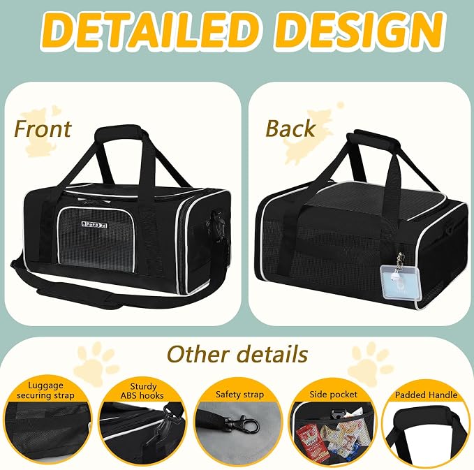 Small Pet Carrier 17" L x 12" W x 8.5" H Airline Approved, Black | for JetBlue/Frontier/Spirit Airlines, Lockable Safety Zippers and Anti-Scratch Mesh, Pets Under 8 lbs