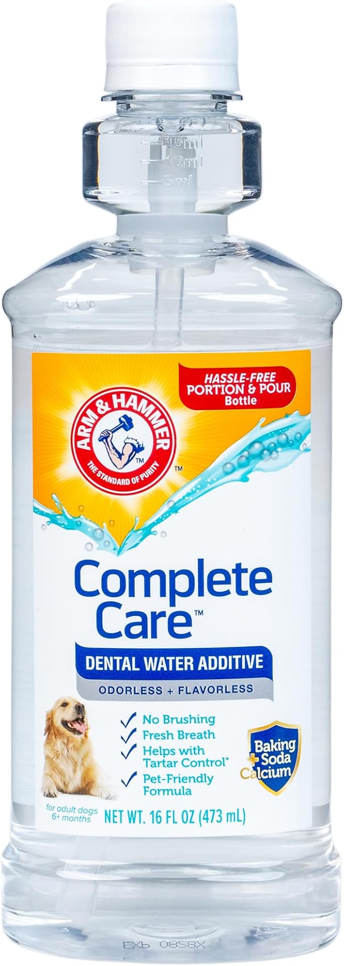 Arm & Hammer Complete Care Dental Water Additive for Dogs, Easy Portion Bottle 16 Fl Oz, Dog Breath Freshener, Odorless and Flavorless, Baking Soda Enhanced for Tartar Control