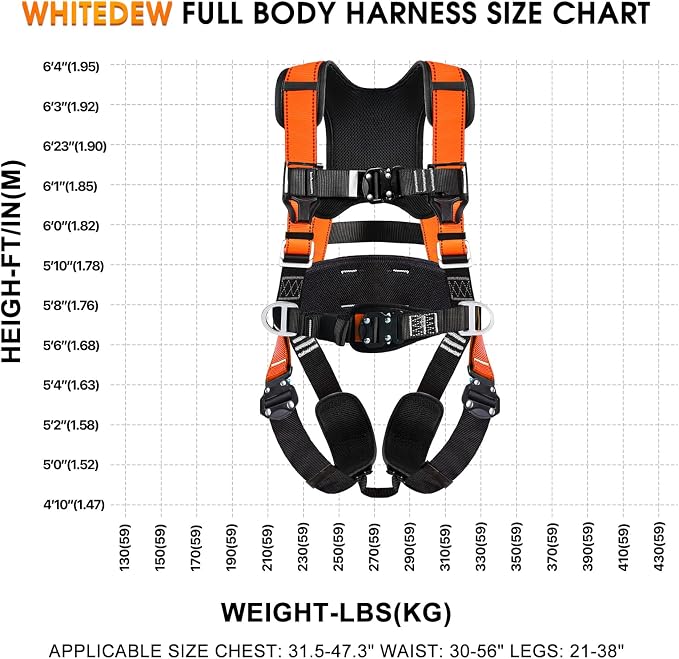 Fall Protection Premium Safety Harness with Shock Absorbing Lanyard, Vented & Padded Shoulder, Legs & Back - Upgrade 4 Quick Buckles (Orange)