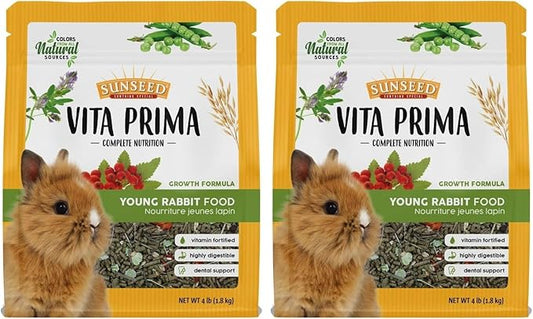 Sunseed Vita Prima Young Rabbit Food - Complete Nutrition - Premium Fortified Blend with Timothy Hay, 4 lb (Pack of 2)