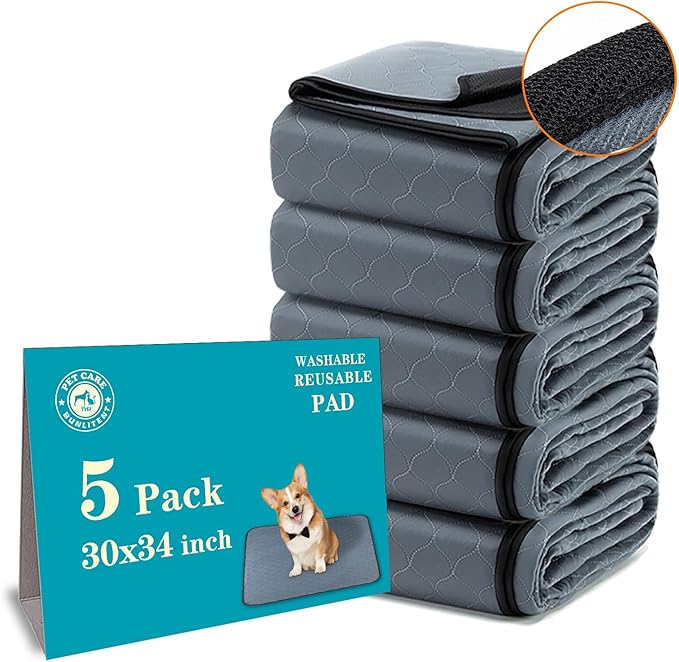 Bunlitent Reusable Pee Pads for Dogs, 5 Pack, 30"x34", Reusable Puppy Pads | Grey, Reusable, Fast Absorbent, Waterproof, Non-Slip, For Whelping, Training, Incontinence, For Dog Playpen, Crate, Car