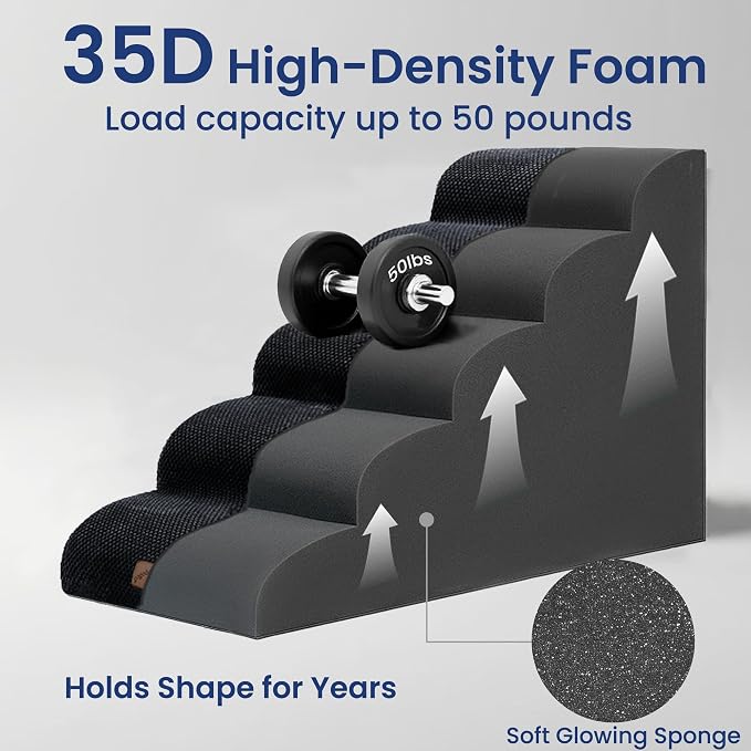 GoGoBunny Ramp Dog Stairs for High Beds 24.4" H, 5-Step Extra Wide Dog Slope Stairs with Durable Waterproof Fabric Cover, Pet Steps for Old Large Dogs Climbing, Non-Slip Sturdy Indoor Step, Black