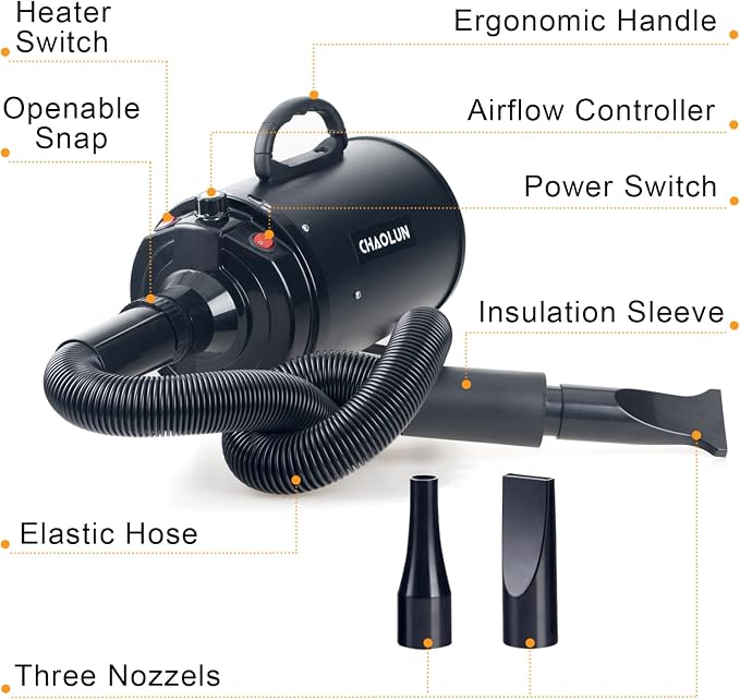 Dog Dryer for Pet Grooming, Pet Hair Dryer with Heater, Black
