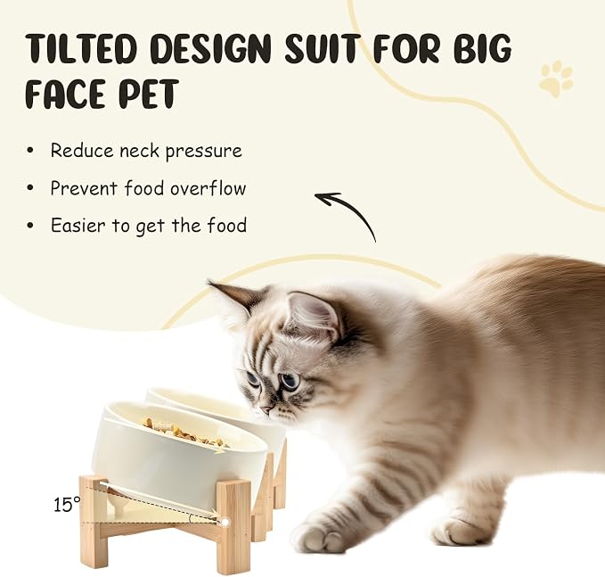SPUNKYJUNKY 15° Slanted Ceramic Dog and Cat Bowl with Wooden Stand, Tilted Bulldog Food and Water Bowl No Slip Non-Spill for Cats Medium Dogs Big Face Pets 13.5 OZ (1.7 Cups, Beige × 2)