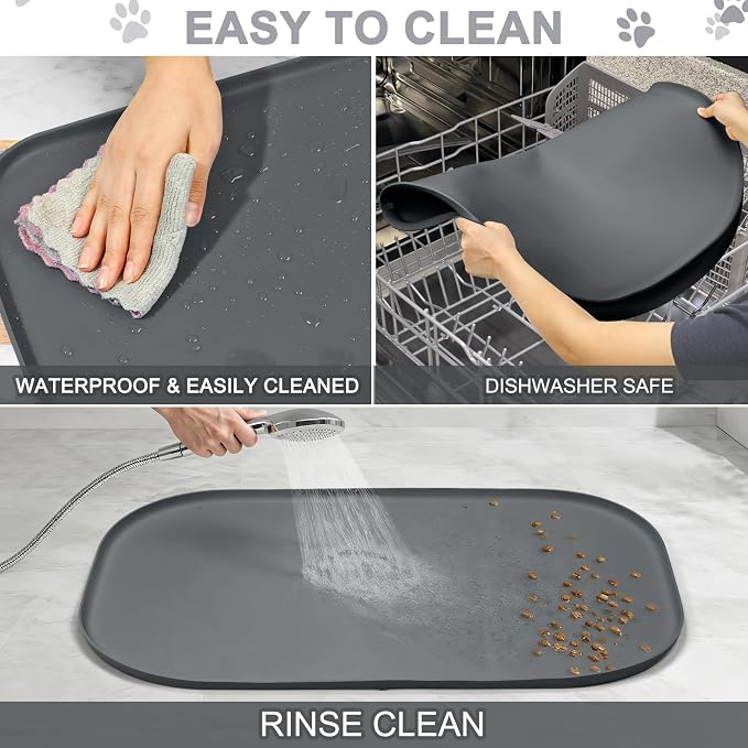 SMILOOL Waterproof Silicone Pet Food Mat with Raised Edge for Dog & Cat | 36" x 24" Non-Slip Large Pet Feeding Mats with Lip for Food & Water Bowl, Food Grade, Easy Cleaning, Dark Gray