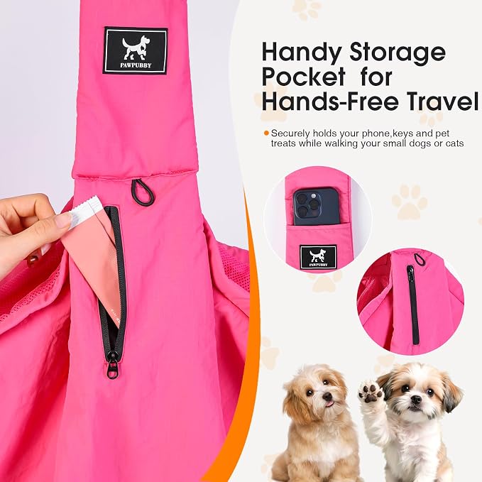 Dog Sling Carrier for Small Dogs & Cats 5-20 lbs, Adjustable Depth | Breathable Air Mesh Puppy Sling, Water-Resistant Travel Bag, Double Safety Leash, Machine Washable, Hands-Free Pouch, Fuchsia
