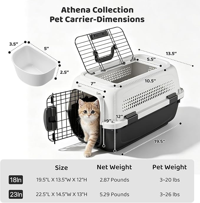 Athena Collection 20" Hard-Sided Pet Carrier with Food Bowl, Grey | Hard-Sided Protection with Top & Front Door Access, 4-Sided Ventilation for Small Dogs and Cats up to 20 LbS