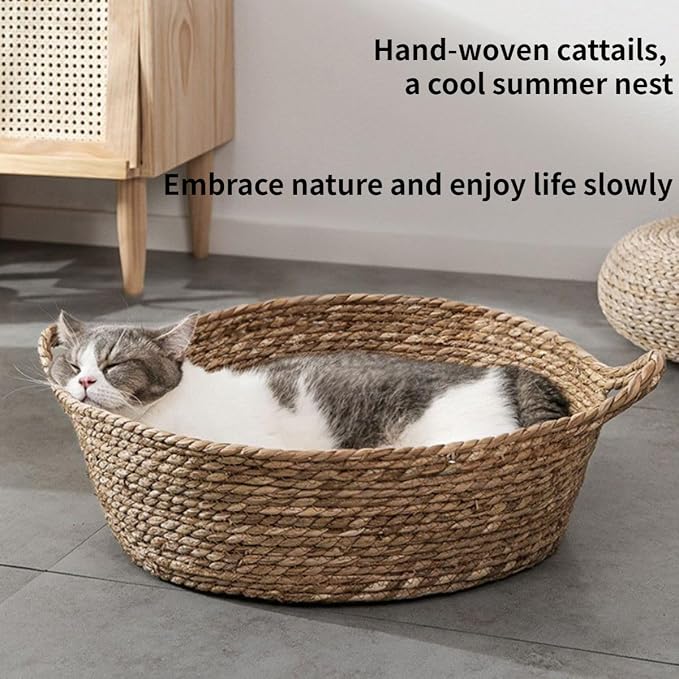 Cat Bed, Straw Woven Cat Baskets Bed, Round Wicker Cat Basket Nest, Non-Slip Cozy Kitten Bed for Cats Small Dog (Only Nest,Large)