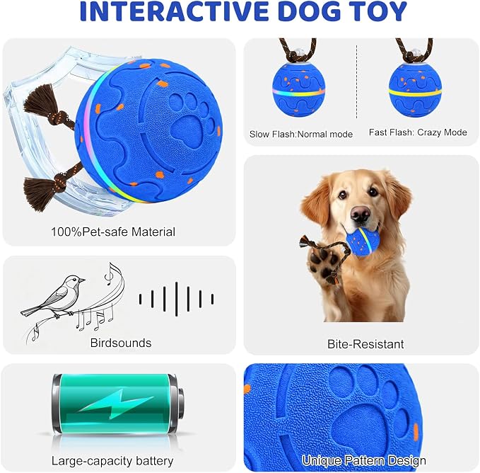 Interactive Dog Toy, Automatic Moving Dog Balls Smart Herding Ball for Dogs with Birdsong E-TPU Material, IPX7 Waterproof (Blue)