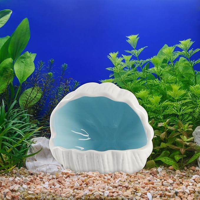 AnRui Cute Betta Fish Tank Decor Ceramic Conch Shell-Shaped House Thematic Hideout Cave for Fish Playing or Hiding Underwater World Aquarium Background Pearl Ornament, Blue