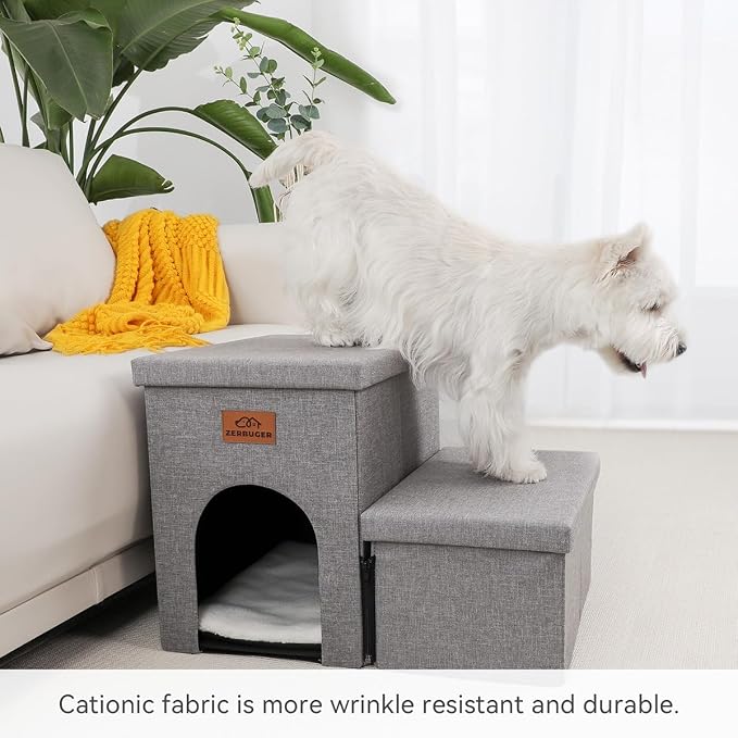 Zerbuger Dog Stairs with Storage, Grey 2 Steps Dog Ramp with Condo for Bed | 15" H Wider Dog Steps for Beds Couch, Folding Storage Pet Stairs Gift for Climbing Small/Medium/Large Old Dogs Cats