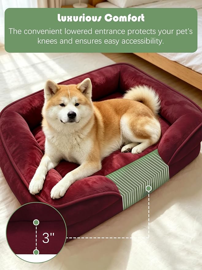 Spotted Play Orthopedic Dog Bed with Sides - Sofa Beds for Extra Large Dogs, Supportive Foam Pet Couch Bed with Washable Removable Cover, Waterproof Lining and Non-Slip Bottom, Burgundy - XL-Plus