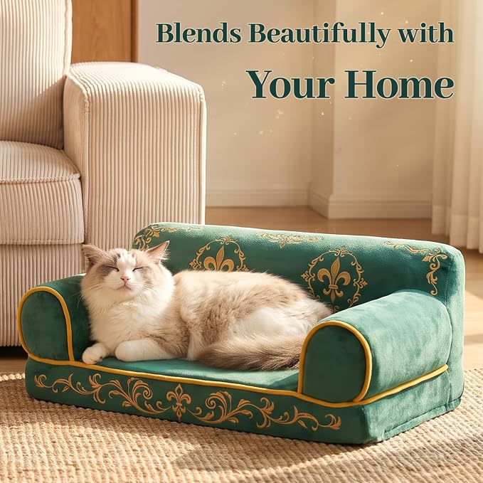 Cat Couch Bed, Memory Foam Dog Bed for Small Dogs, 24 Inch | Faux Suede Fabric, Supportive Pet Couch Sofa for Cats and Small Dogs, Non-Slip and Washable Removable Cover, Vintage Green