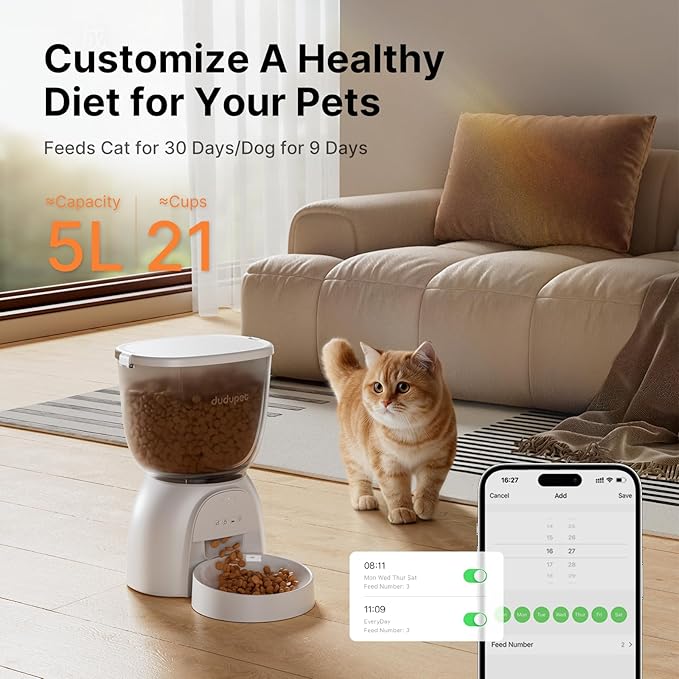 Automatic Cat Feeder 5G WiFi, Automatic Pet Feeder with App Remote Control, 5L Cat Dry Food Dispenser Dual Power,10 Meals Programmable 1-15 Portion Control Auto Cats Feeders for Indoor Use