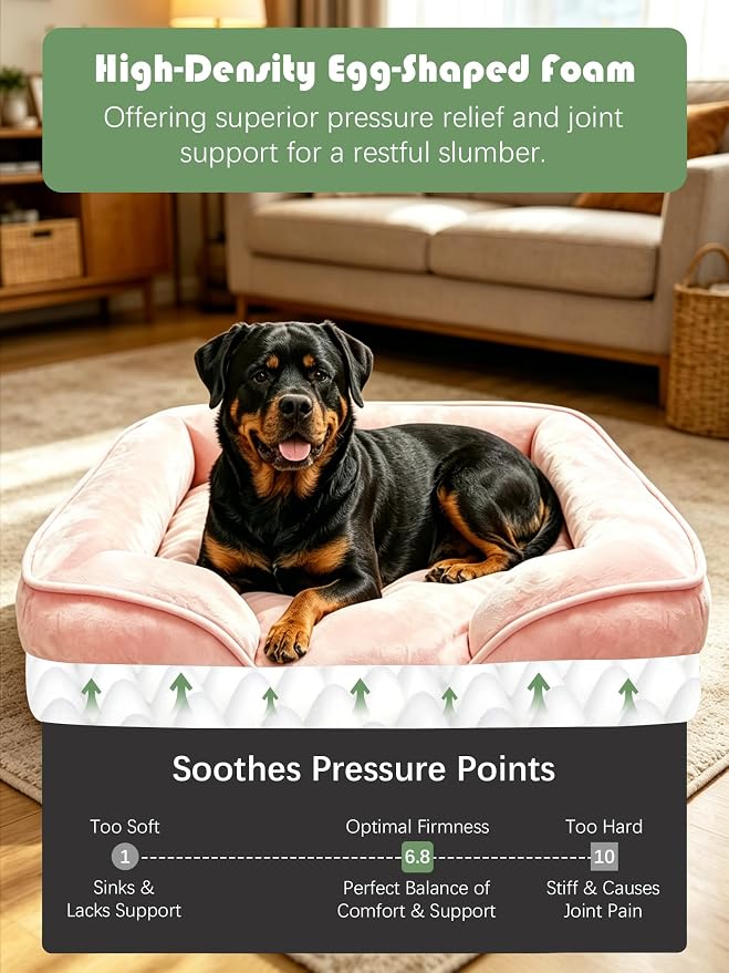 Spotted Play Orthopedic Dog Bed with Sides - Sofa Beds for Extra Large Dogs, Supportive Foam Pet Couch Bed with Washable Removable Cover, Waterproof Lining and Non-Slip Bottom, Pink - XL