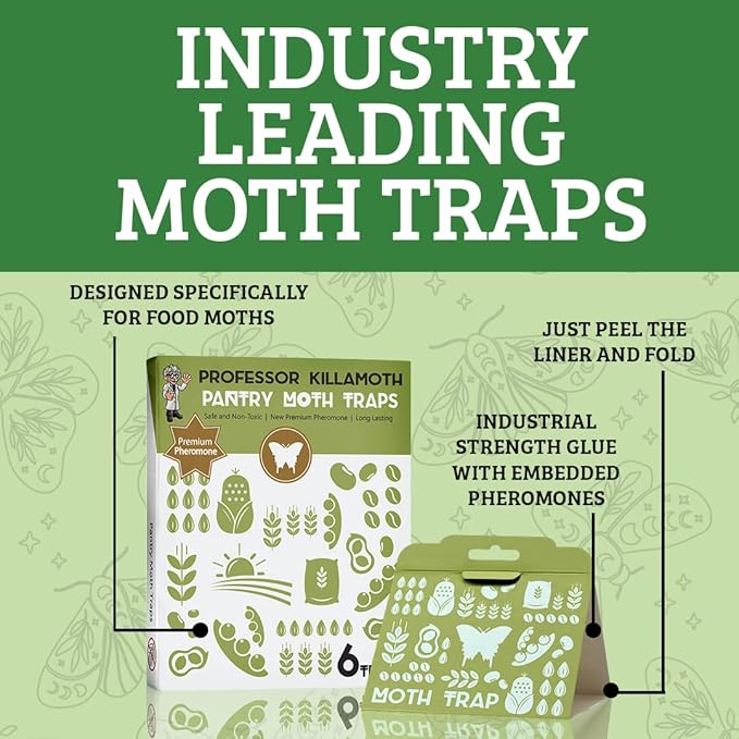 Professor Killamoth Pantry Moth Traps 6 Pack, Professional Grade Pheromone Moth Traps for House Indoor, Non-Toxic Pantry Moth Trap for Kitchen, Food & Cupboards