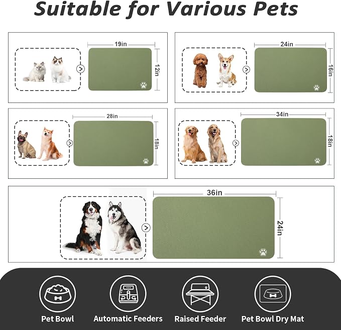 HotLive Dog Food Mat - Absorbent Cat Mat for Food and Water, No Stains Pet Feeding Bowl Mat, Easy to Clean Pet Placemats, Quick Dry Dog Water Dispenser Mat for Messy Drinkers | Paw Green 18"x 28"