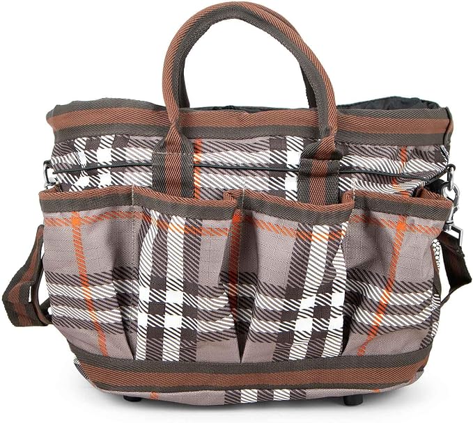 Jeffers Poplar Head Grooming Bag – Horse Grooming Organizer Tote with Pockets for Brushes, Tools, Clippers, Shampoo, Detangler – Stable Barn Kit Carrier for Horses, Pets, Plymouth Brown Plaid