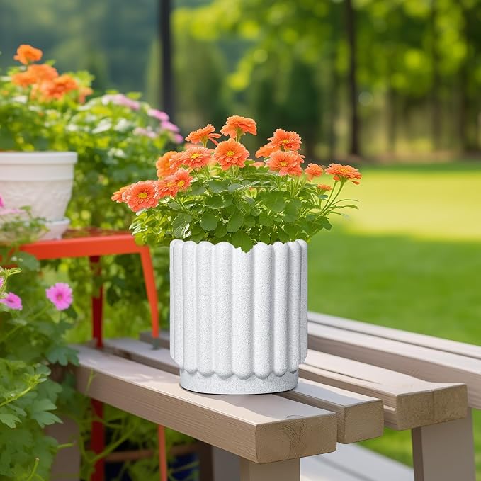 Ceramicfor Ceramic Planter, 7.6 Inch, White | Indoor Plants, Outdoor Use, Drainage Hole, Fluted Modern Design, Round Flower Pot