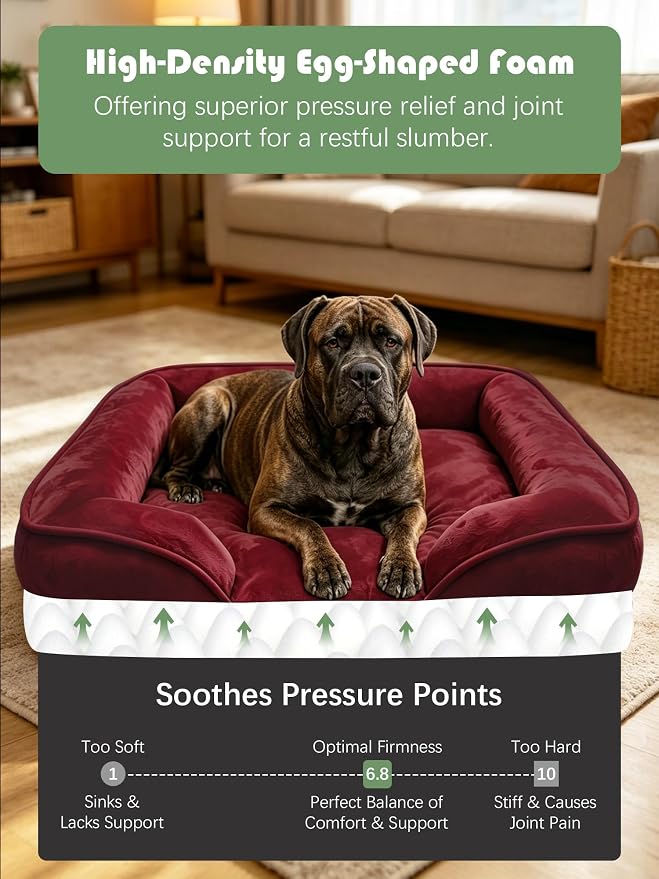 Spotted Play Orthopedic Dog Bed with Sides - Sofa Beds for Extra Large Dogs, Supportive Foam Pet Couch Bed with Washable Removable Cover, Waterproof Lining and Non-Slip Bottom, Burgundy - XXL