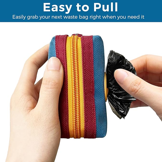 Dog Poop Bag Holder for Leash, Zippered Canvas Poop Bag Dispenser Pouch with Velcro Straps & Metal Carabiner Clip, Holds Keys & Treats for Daily Dog Walking