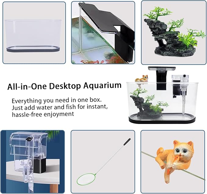 2.2 Gallon Fish Tank Kit, Small Aquarium Starter Tank with Filter and Light, Acrylic Nano Desktop Tank with Color-Changing LED & Decor - Complete Starter Kit for Betta Fish Shrimp Guppy Goldfish Beta