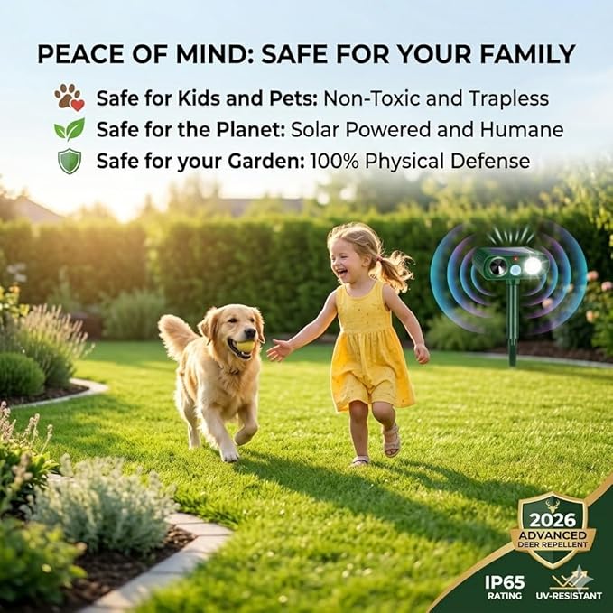 2026 Upgraded Sonic Fortress Pro Deer Repellent Outdoor,Solar Ultrasonic Animal Repellent with Motion Sensor&Flash Light-IP65 Waterproof Raccoon Fortress Pro for Squirrel,Cat-Garden&Yard 4Pack