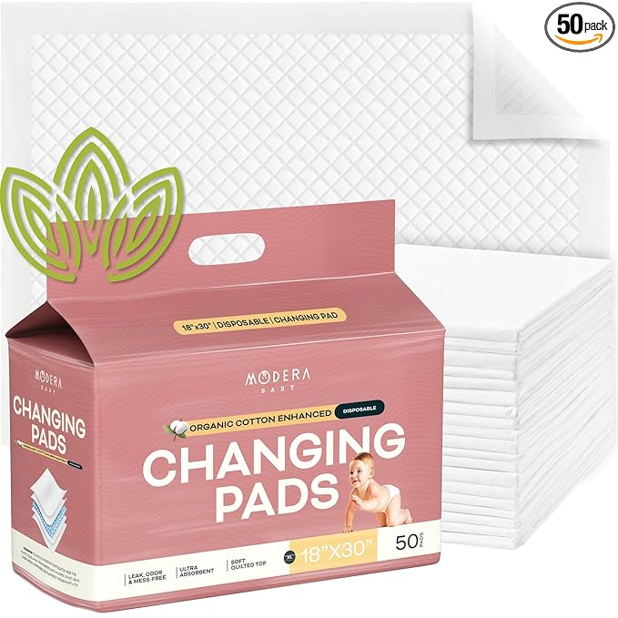 Organic Cotton Enhanced Disposable Changing Pad Liners | XL-Large 18x30 Hypoallergenic Super Soft Ultra Absorbent Waterproof Quilted Underpads for Baby Diaper Table/Travel, Leak Proof Mess Free-50PK