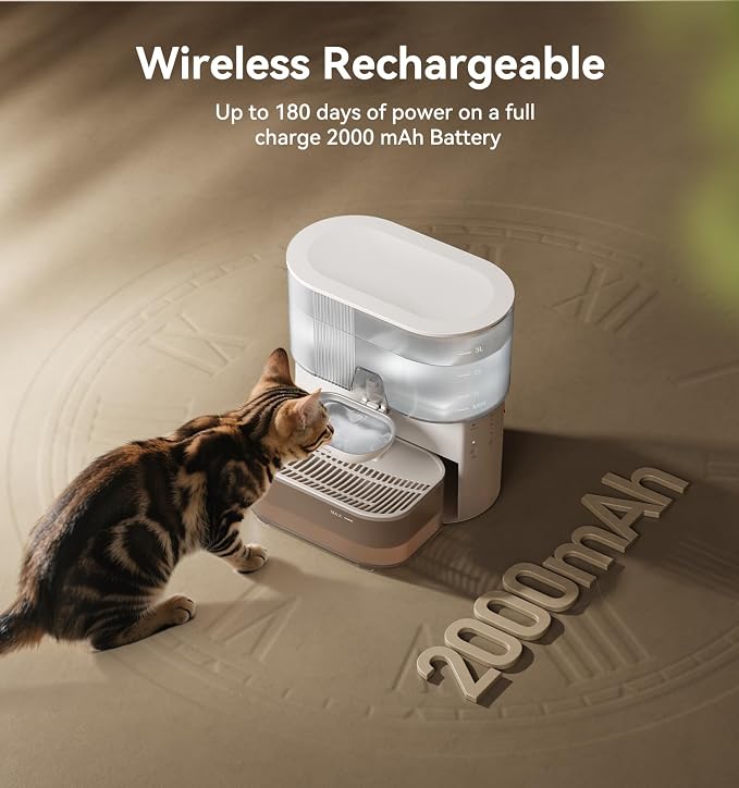 Wireless Cat Water Fountain No Filters, Wastewater Separation, FEELNEEDY Stainless Steel Bowl, 3.5L Pet Water Fountain for Cats & Dogs Dispenser, White