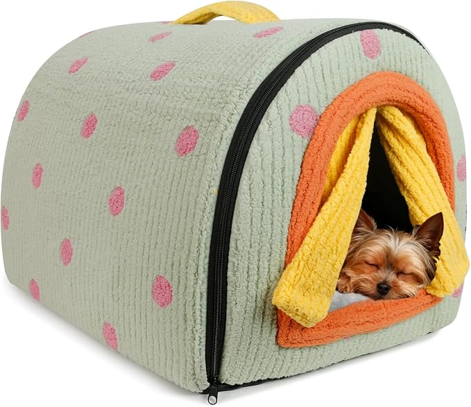 Dog House Indoor for Small Dogs, Green, S | 2-in-1 Enclosed Dog Bed with Cover Cave & Curtain, Dog Tent with Plush Washable Cushion, Inside Dog House for Pets