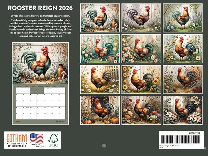 Rooster Calendar 2026 Wall Monthly Roosters Gifts For Rooster Lovers Women Men | American Made In The USA