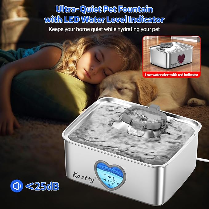Kastty 4Gal/15L Stainless Steel Dog Water Fountain for Pets, Inside, FS80 | 5-Stage Filtration, Dual-Color LED, Visual Window, Large Medium & Multi-Pet