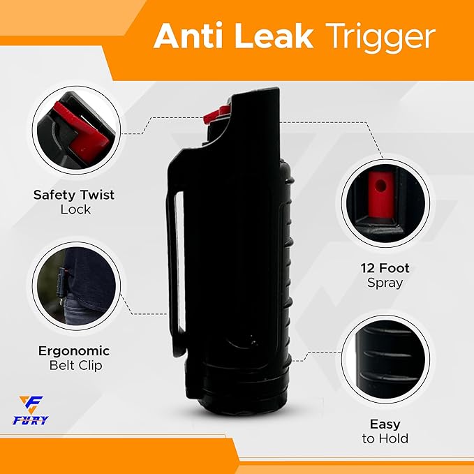 FURY Hardshell Pepper Spray - 12Ft Range, Max Strength, UV Dye Identifier, Anti-Leak & Anti-Misfire, Slidetop Trigger, Belt Clip & Key Ring, Multiple Color Options, Self-Defense Spray