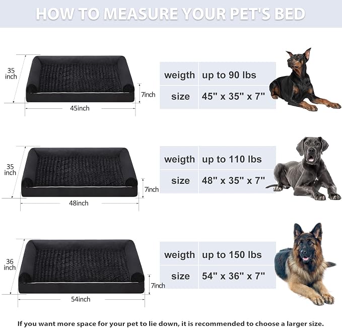 BFPETHOME Orthopedic Washable XXL Dog Bed for Senior Dog Cozy Sleep | Extra Large Waterproof Big Soft Pet Couch Bed for Dogs Relax with Removable Cover Supportive Egg Crate Foam Black 48x35 Inch